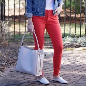 LOFT High Waist Skinny Raw Hem Jeans in Coral Red